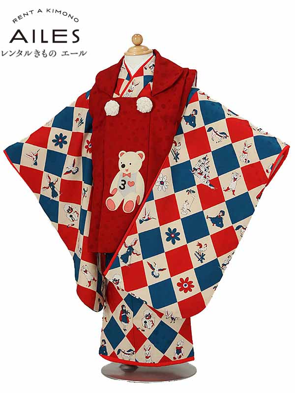 七五三 【レンタル】七五三 女の子 3歳被布コートレンタル AP3102 クマ 赤 紺 市松模様 モダンアンテナ 女児 七五三被布 貸衣装 和装 お正月 お祝い...