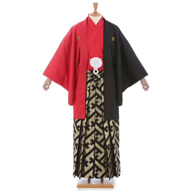 成人式 卒業式 袴レンタル バイカラー 男 mmo0124【紋付袴フルセット】赤 黒 ハーフアンドハーフ メンズ着物 男性着物レンタル 羽織袴 kimono 結婚式 二次会 前撮り イベント 和服 モダン クール かっこいい 人気 黒に金の紗綾形の袴【レンタル】