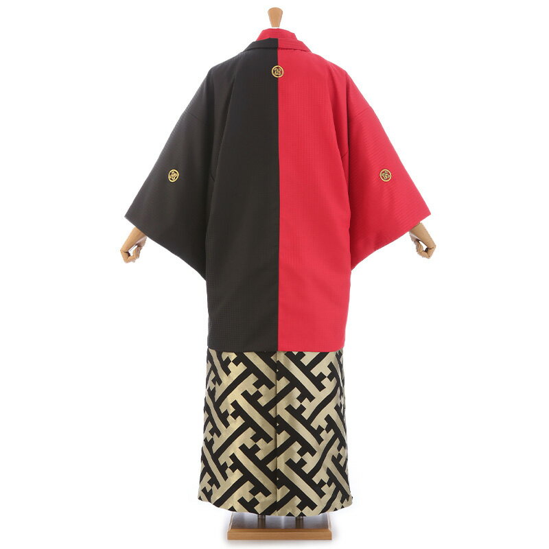 成人式 卒業式 袴レンタル バイカラー 男 mmo0124【紋付袴フルセット】赤 黒 ハーフアンドハーフ メンズ着物 男性着物レンタル 羽織袴 kimono 結婚式 二次会 前撮り イベント 和服 モダン クール かっこいい 人気 黒に金の紗綾形の袴【レンタル】