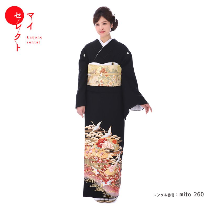 【レンタル】 黒留袖 大きいサイズ 広幅 mito_260 / N-221 波・エ霞に宝尽しと飛翔鶴 赤 フリー 正絹 結婚式|送料無料 着物 おすすめ 留袖 黒留袖レンタル お宮参り 母親 着物レンタル 留袖レンタル 祖母 フルセット レンタル着物 着物セット レンタル留袖
