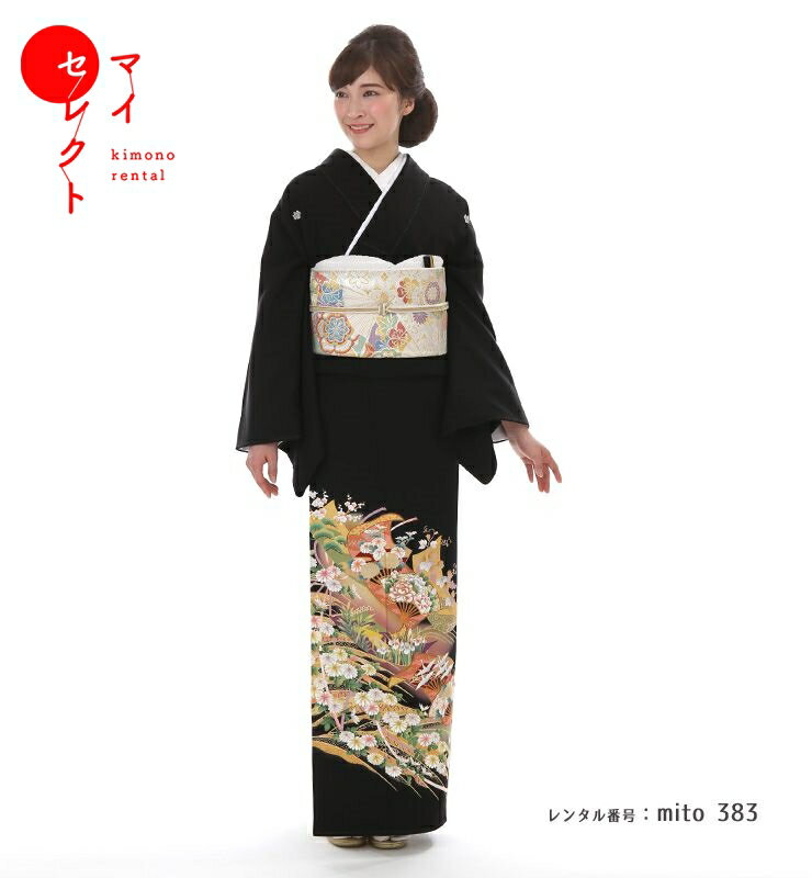【レンタル】 黒留袖 mito_383 MR-2910 波に色紙と扇面 正絹 往復送料無料 留袖 黒留袖 フルセット 留..