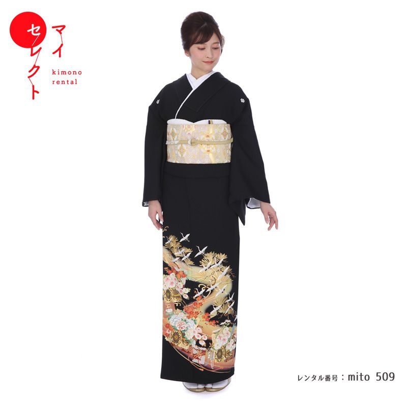 【レンタル】 留袖 mito_509 花車色紙に老松翔鶴 S 小さい方から普通の方まで 黒留袖 おすすめ 黒留袖..