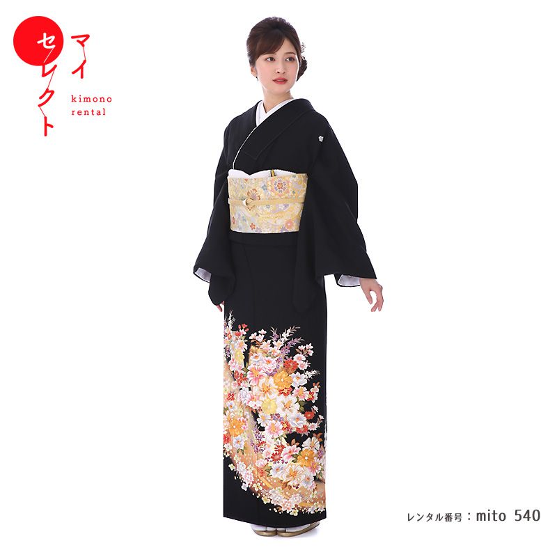 黒留袖 レンタル 大きいサイズ 広幅 mito_540 短冊に洋花づくし　フリー 正絹 フルセット 結婚式 | おすすめ 留袖 黒留袖レンタル お宮参り 着物 母親 着物レンタル 留袖レンタル 親族 レンタル留袖 レンタル着物 往復送料無料 レンタル衣装 貸衣装 【レンタル】