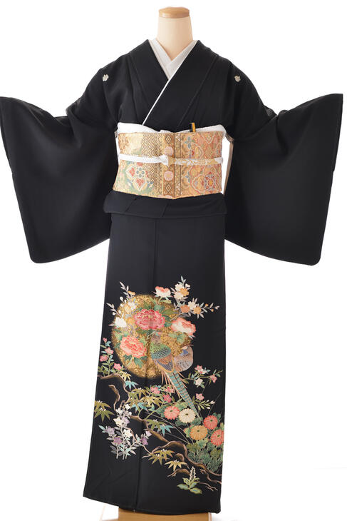 【★黒留袖・留袖のフルセットレンタル★】【留袖　レンタル】（レンタル留袖）（黒留袖レンタル）　【レンタル　黒留袖】【黒留袖　レンタル】【貸衣装】【結婚式】【留袖フルセット】☆新品足袋プレゼント☆【女性和服】【母親】ツカキキンケイ牡丹　1.75