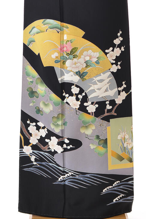 レンタル留袖フルセット【往復送料無料!一部離島は除く】結婚式・貸衣装・髪飾り付【黒留袖】【レンタル】【かしいしょう】グレー末広波松梅鶴　1.75