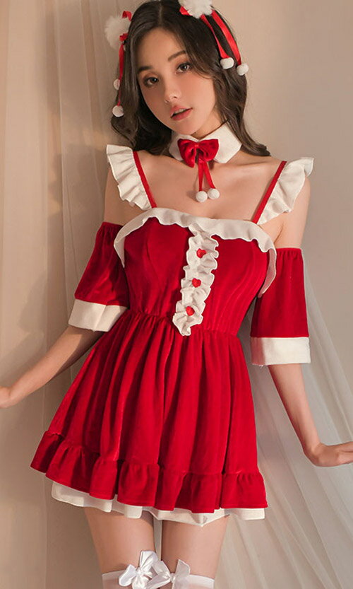 B級品の為、売り尽くし！【 送料無料 】 ベビードール 「クリスマス ベビードール Tバックショーツ チョーカー アームカバー リボンのヘアクリップ セット ・ キャミソール BD 」 宅配便限定 メール便不可 セクシー フリー レッド サンタ ポイント消化［[BBr-B-8772］