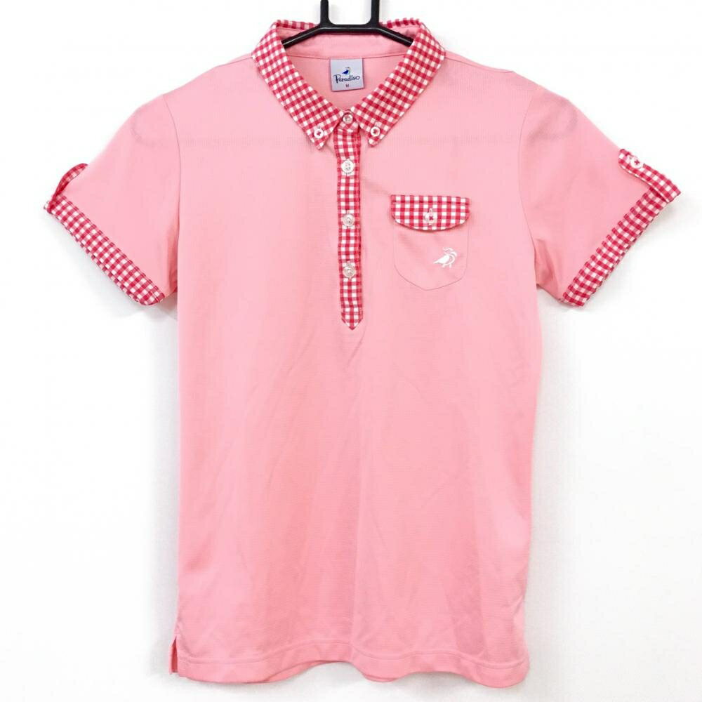 【超美品】Paradiso パラディーゾ 半袖ポロシャツ ピンク×白 一部チェック柄 胸ポケット ボタンダウン レディース M ゴルフウェア