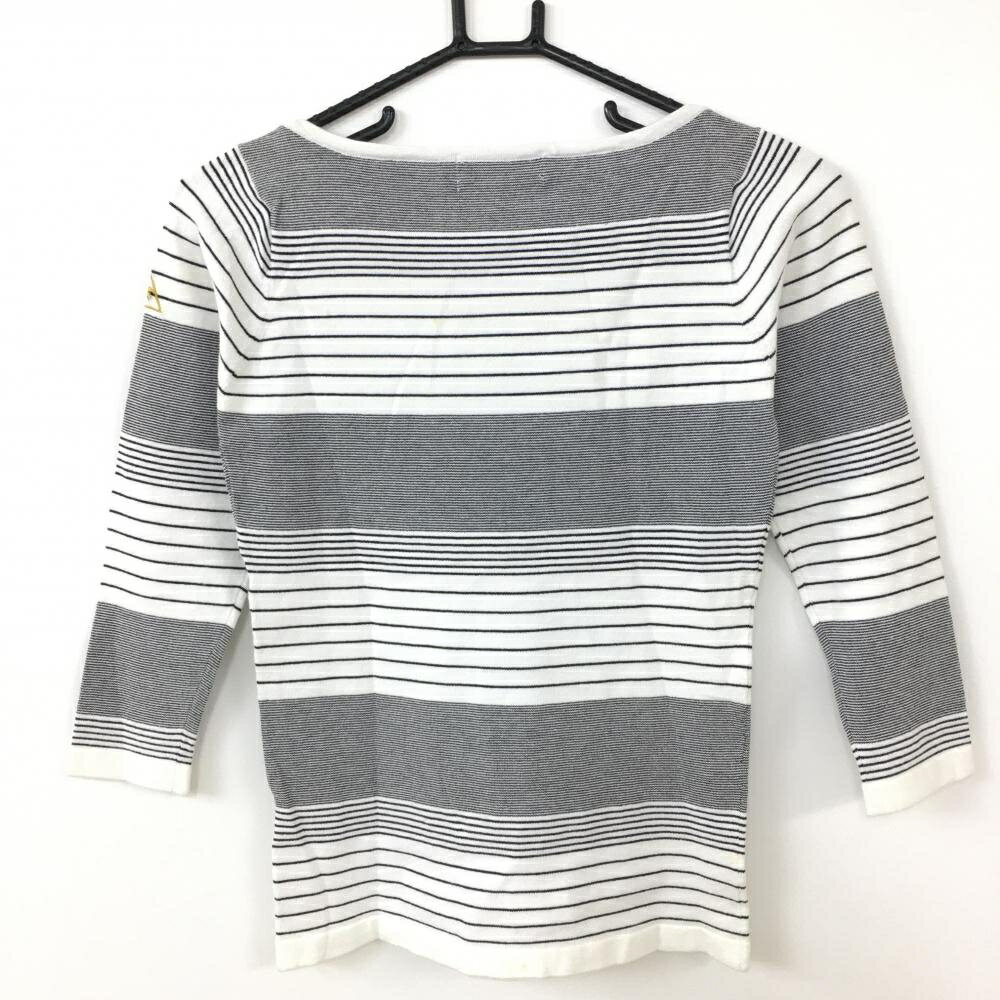 le coq sportif ルコック 長袖ニット トレーナー 白×黒 ボーダー ワッペン レディース S ゴルフウェア