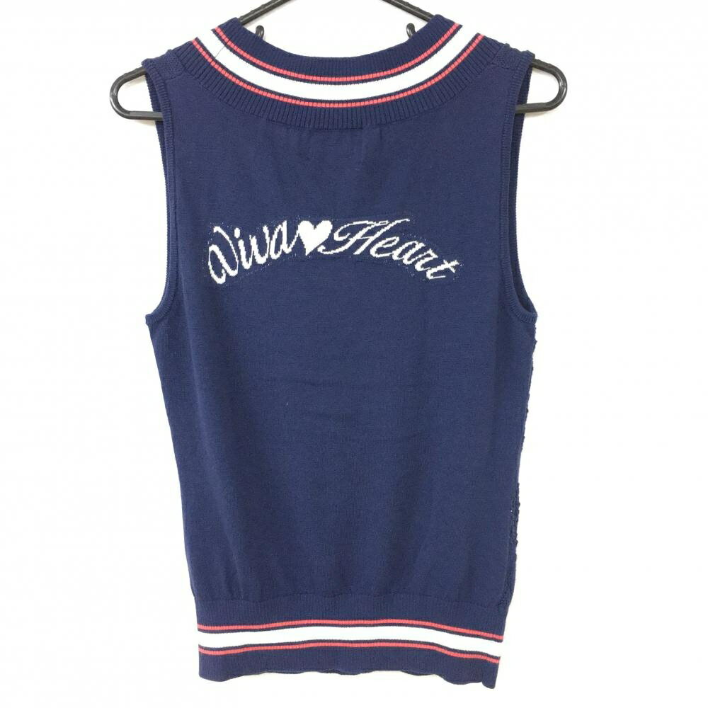【美品】ビバハート ベスト ネイビー×白 Vネック 前面透かし編み バックロゴ レディース 40 ゴルフウェア VIVA HEART