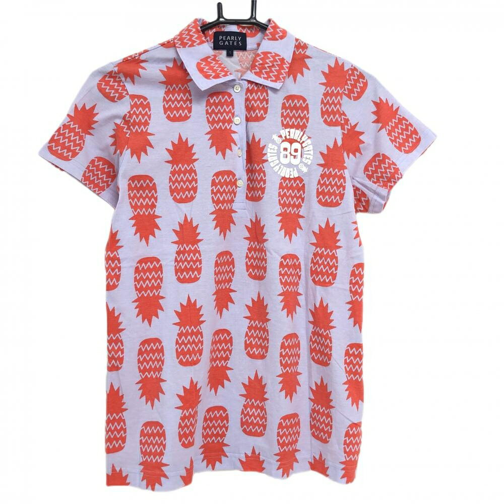 【美品】パーリーゲイツ 半袖ポロシャツ ライトパープル×オレンジ パイナップル 総柄 レディース 1(M) ゴルフウェア PEARLY GATES"