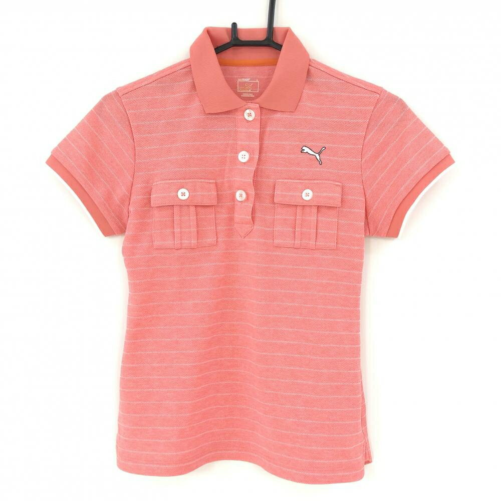 【超美品】プーマ 半袖ポロシャツ ピンク×白 ボーダー 胸ポケット ロゴ刺しゅう レディース M ゴルフウェア PUMA