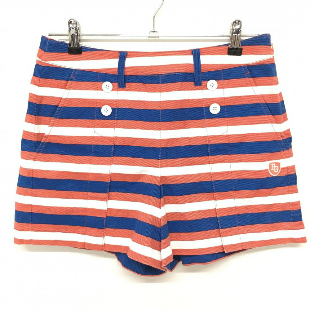 ★特価★【超美品】パーリーゲイツ ショートパンツ オレンジレッド×ブルー ボーダー柄 レディース 0(S) ゴルフウェア PEARLY GATES