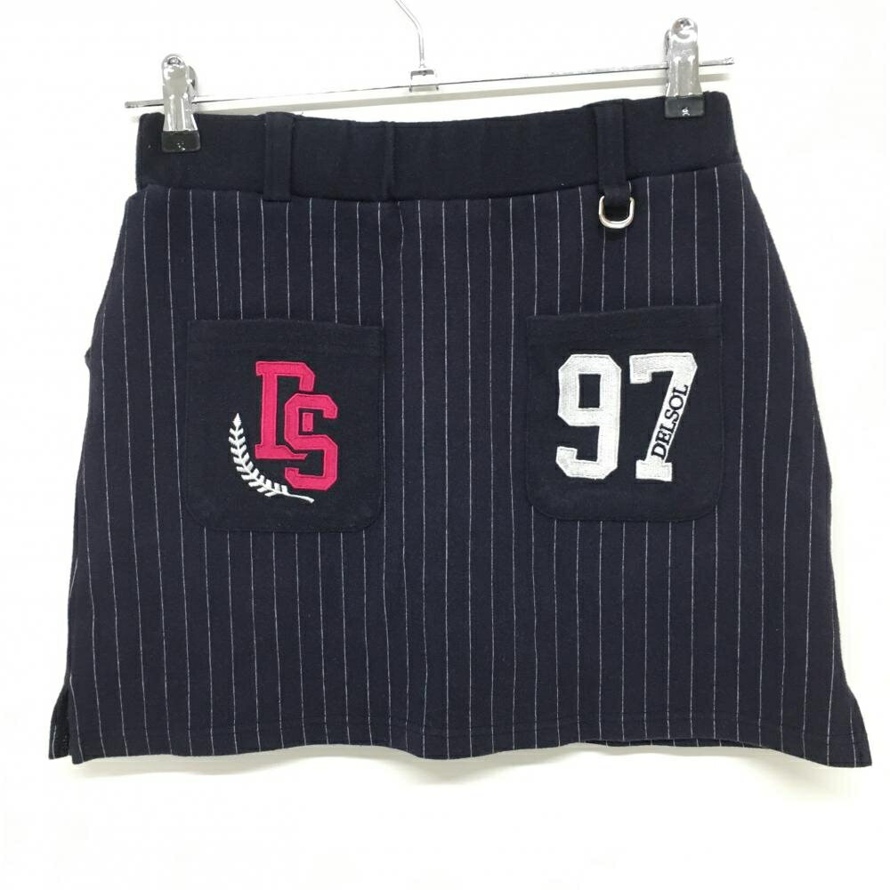 デルソル ストレッチスカート ネイビー×白 ストライプ柄 内側インナーパンツ ウエストゴム 刺しゅう レディース M ゴルフウェア DELSOL