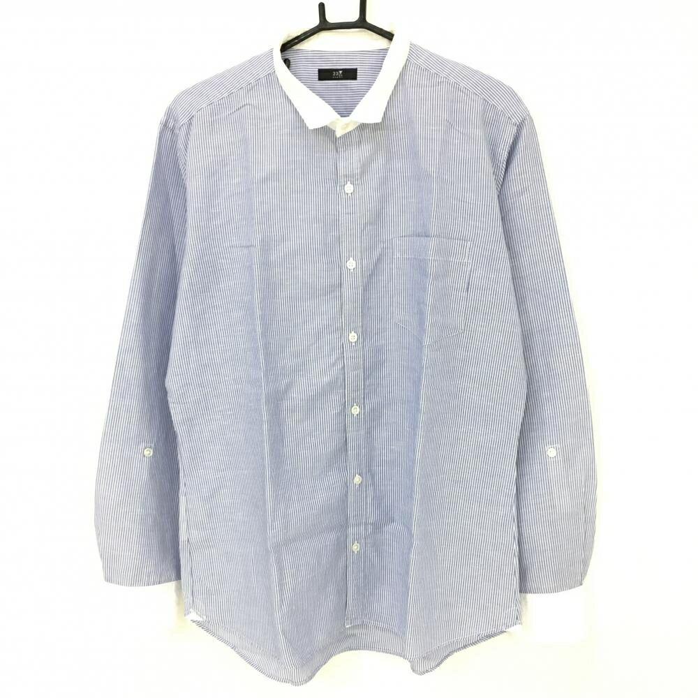 ★特価80%OFF★23区 長袖シャツ 白×ブルー 細ストライプ コットン混 麻混 メンズ 50 ゴルフウェア 23区