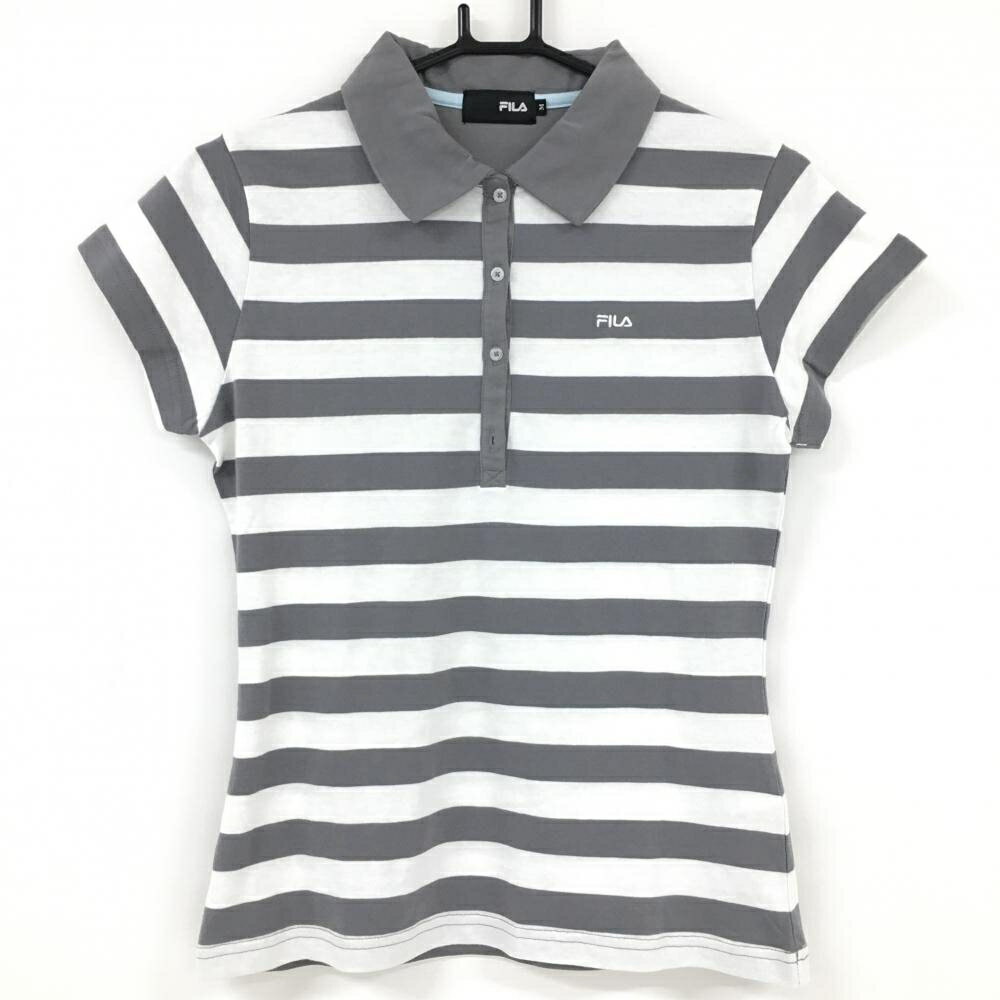【美品】フィラ 半袖ポロシャツ グレー×白 ボーダー コットン100% レディース M ゴルフウェア FILA GOLF"