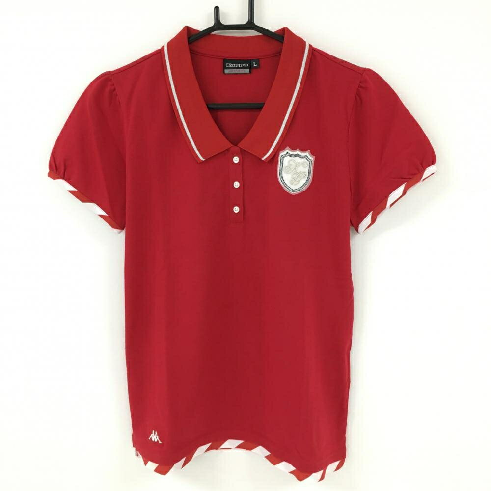 【美品】カッパ 半袖ポロシャツ レッド×白 袖・裾斜めストライプ ロゴワッペン レディース L ゴルフウ..