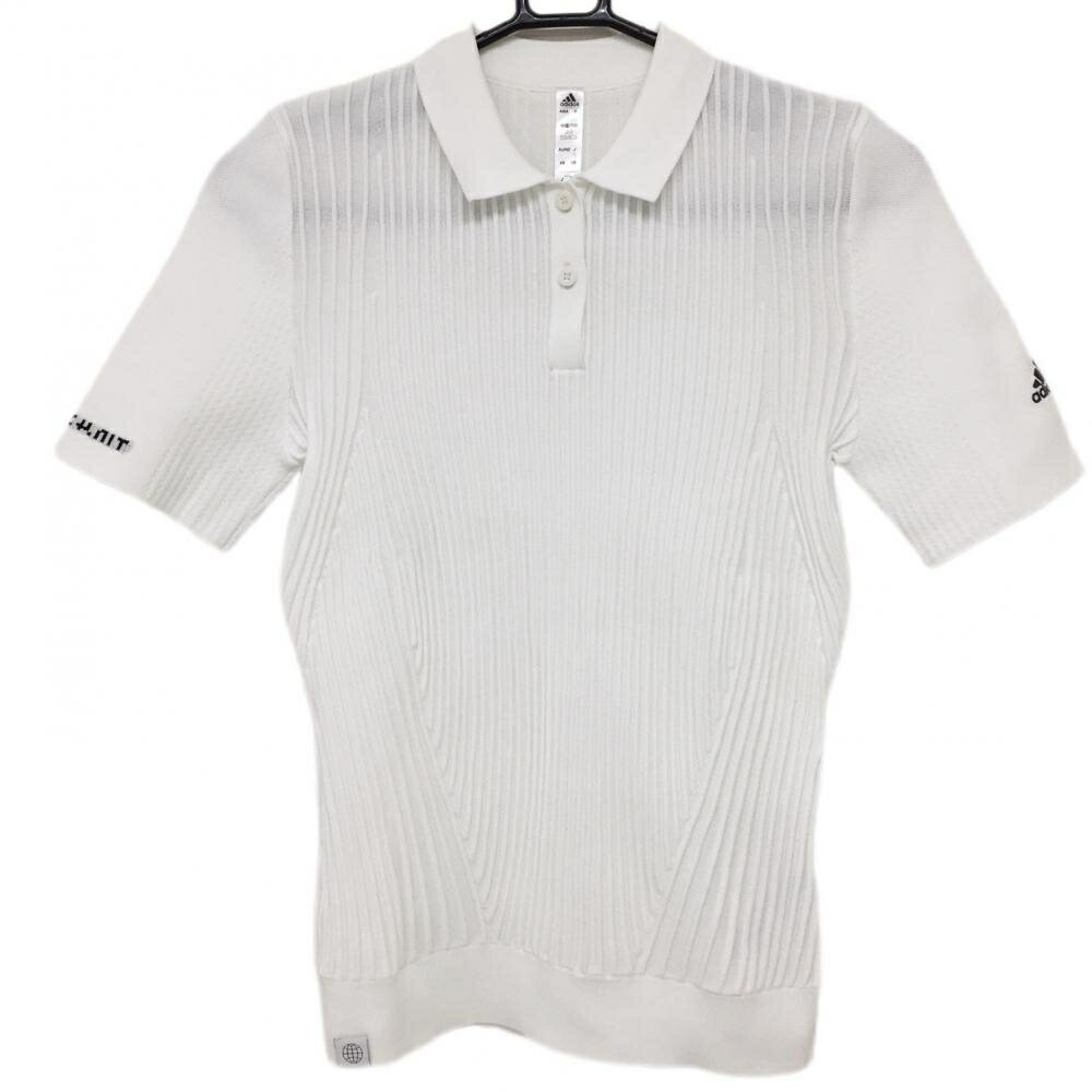 ★特価80%OFF★【超美品】アディダス ニット半袖ポロシャツ 白 ストライプ織生地 無地 レディース S ゴルフウェア 2021年モデル adidas