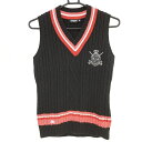 ★特価★【美品】カッパ ニットベスト 黒×レッド ケーブル編み ウール混 Vネック レディース M ゴルフウェア Kappa