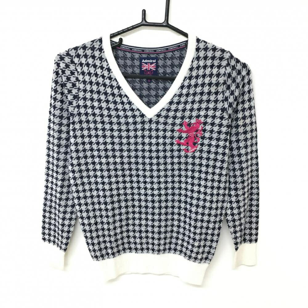 アドミラル セーター ネイビー×白 千鳥格子柄 ニット ウール混 Vネック レディース S ゴルフウェア Admiral