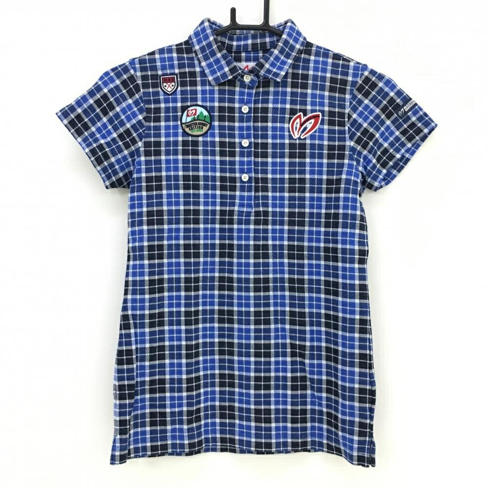 【超美品】マスターバニー 半袖ポロシャツ ブルー×ネイビー チェック ワッペン レディース 0(S) ゴルフウェア MASTER BUNNY EDITION"