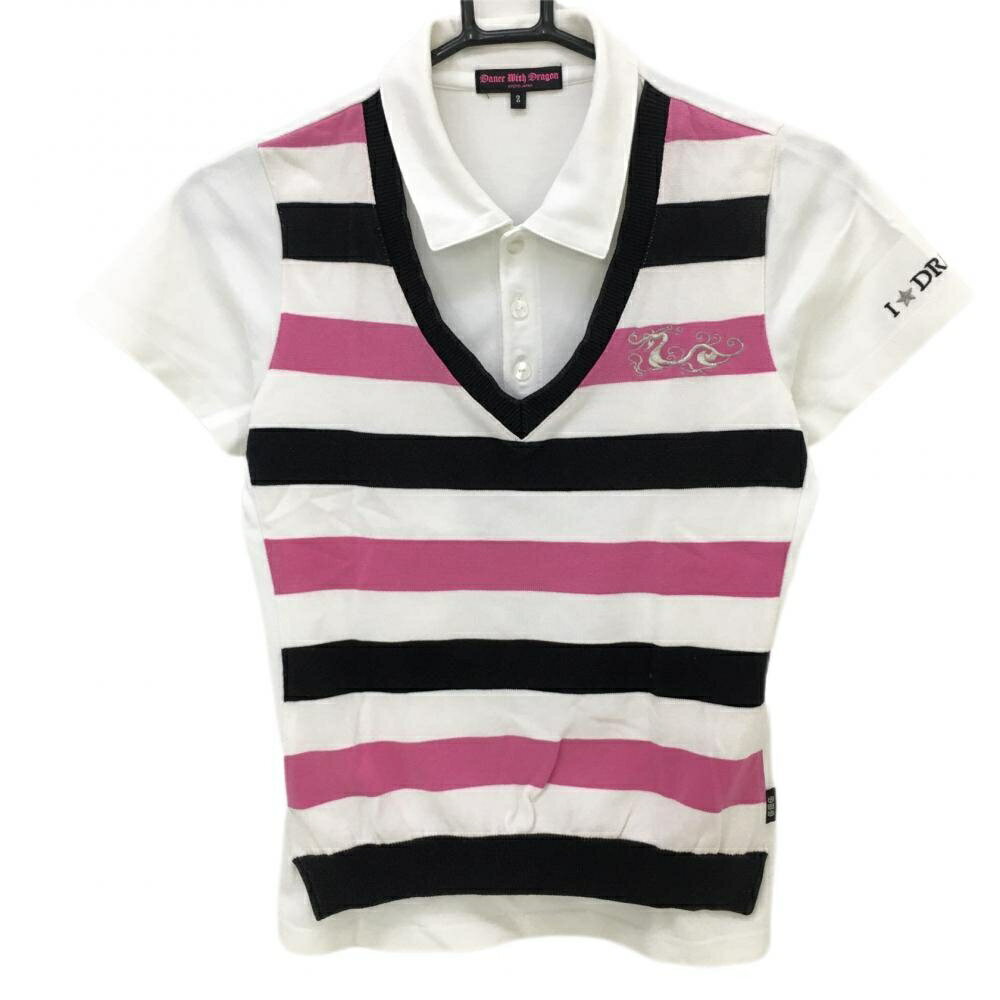 ダンスウィズドラゴン 半袖ポロシャツ 白×黒 前身頃ボーダー柄 コットン混 日本製 レディース 2(M) ゴ..