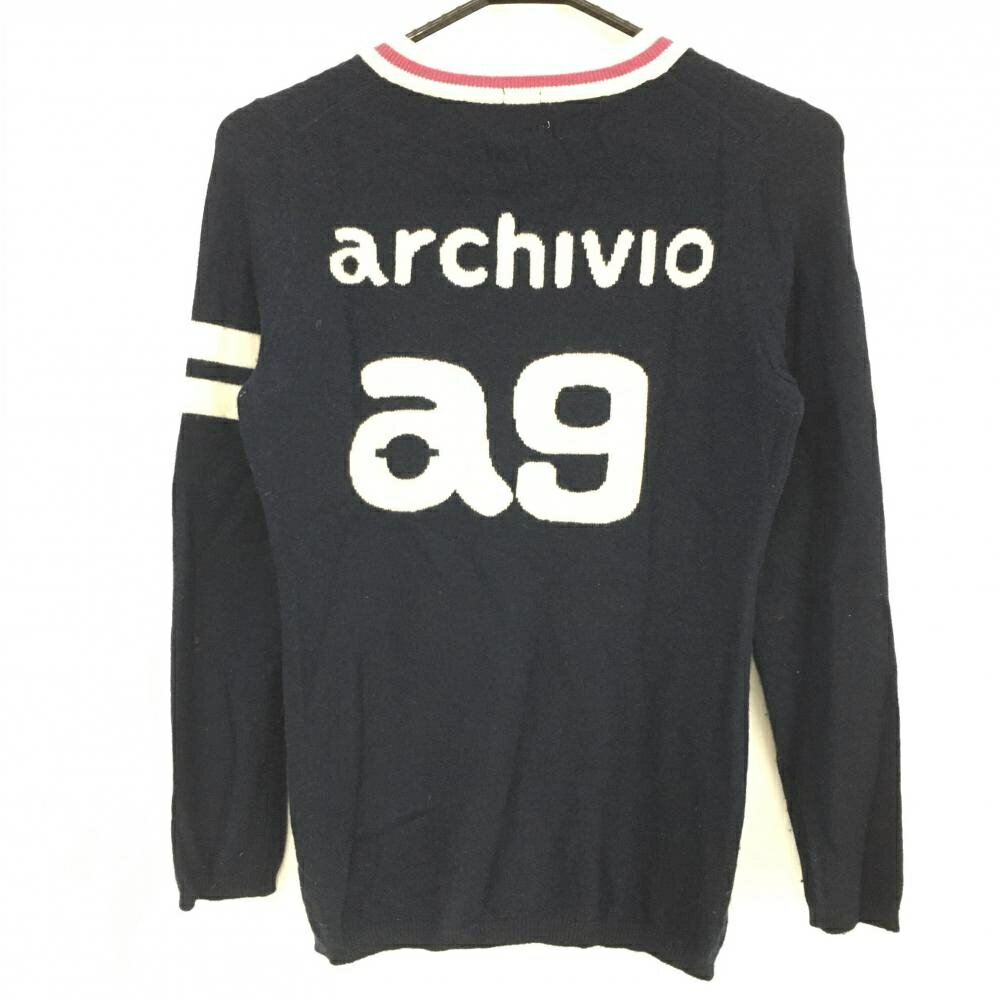 アルチビオ セーター ネイビー×白 Vネック バックロゴ カシミヤ100％ レディース 36 ゴルフウェア archivio