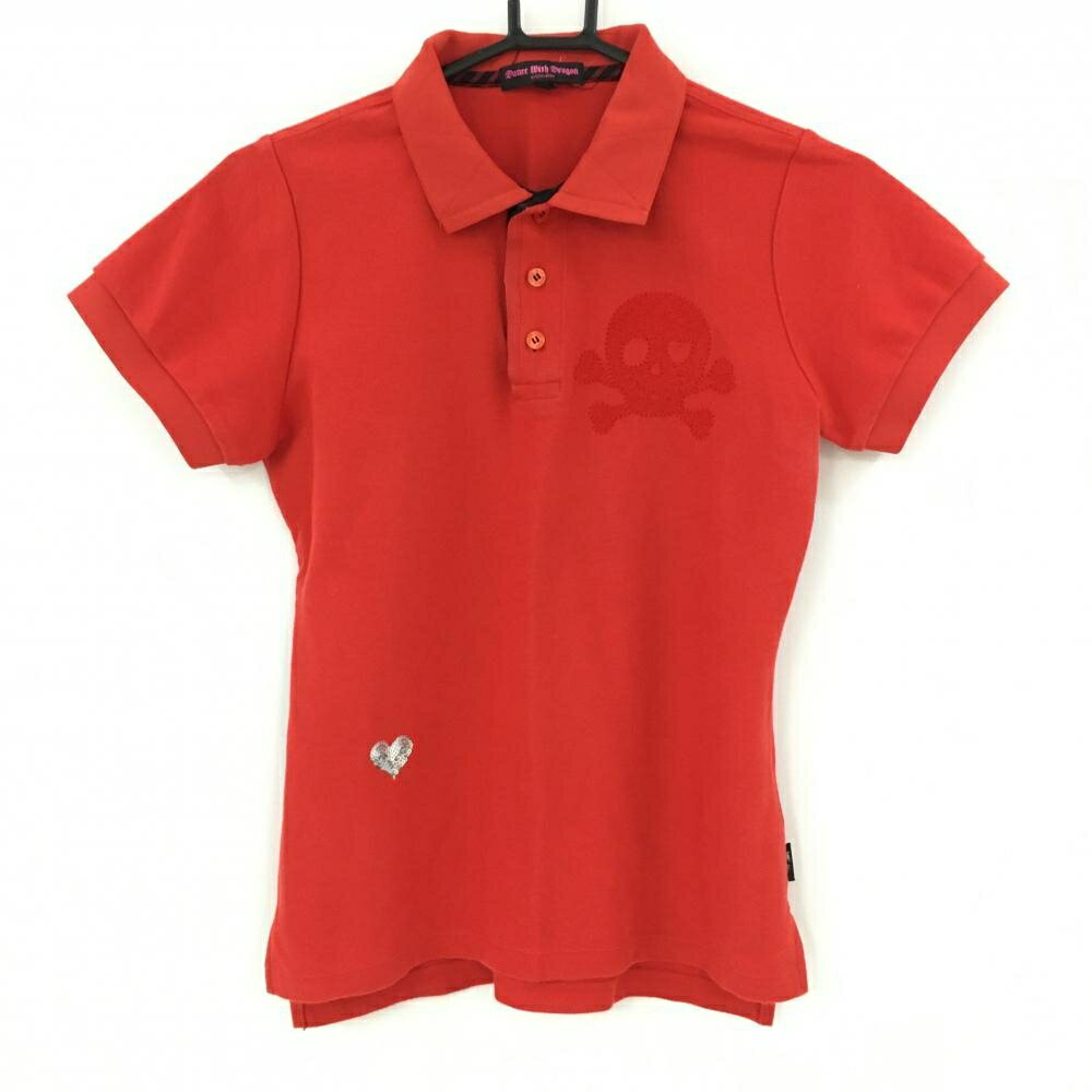 ダンスウィズドラゴン 半袖ポロシャツ レッド スカル刺しゅう ハート レディース 2(M) ゴルフウェア Da..