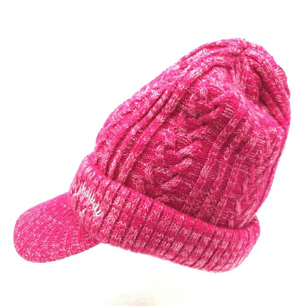 【超美品】キャロウェイ つば付ニット帽 杢ピンク 裏フリース アクリル100％ FR ゴルフウェア Callaway