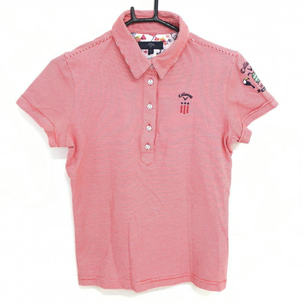 【美品】キャロウェイ 半袖ポロシャツ レッド×白 ボーダー 内側一部鳥柄 袖ロゴ レディース L ゴルフウ..