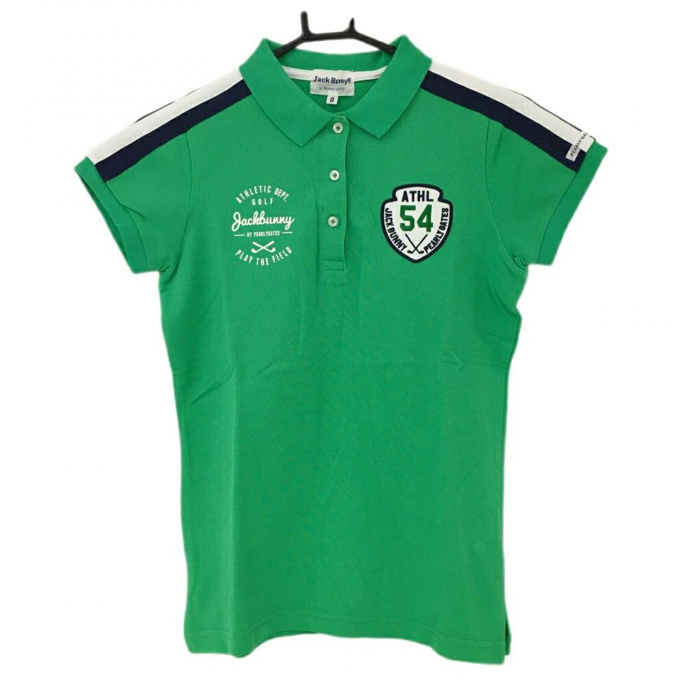 ★特価★【美品】ジャックバニー 半袖ポロシャツ グリーン×ネイビー 袖ライン コットン100％ レディース 0(S) ゴルフウェア Jack Bunny
