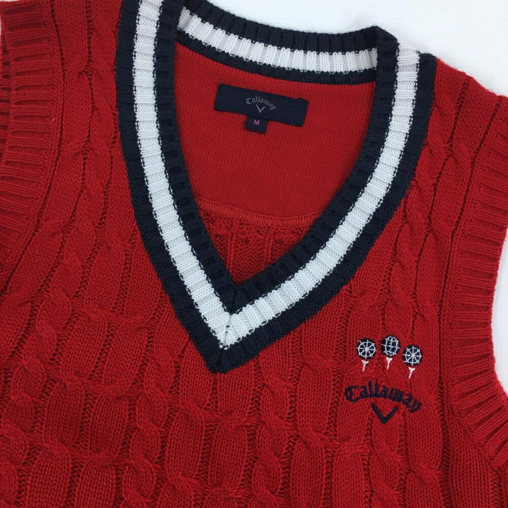 【超美品】キャロウェイ ニットベスト レッド×ネイビー Vネック ケーブル編み レディース M ゴルフウェア Callaway