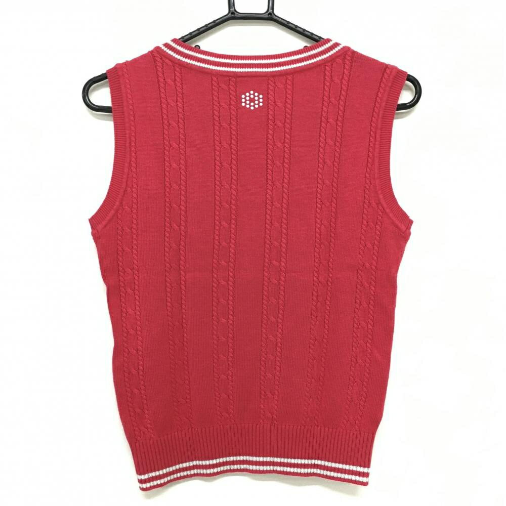 【美品】プーマ ベスト ピンク×白 Vネック ケーブル編み ラメ糸 ロゴ刺しゅう レディース M ゴルフウェア PUMA