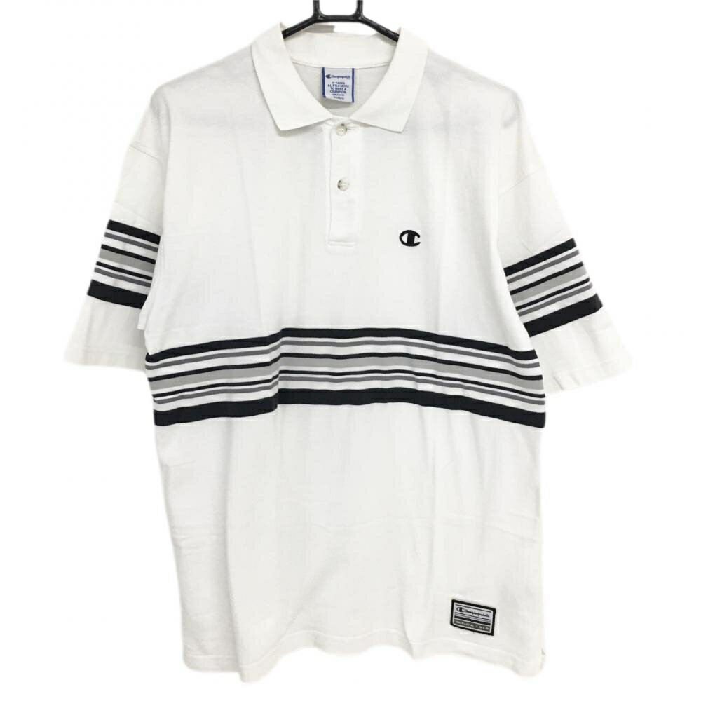 【美品】チャンピオン 半袖ポロシャツ 白×黒 ボーダー柄 ロゴ刺しゅう メンズ O ゴルフウェア Champion