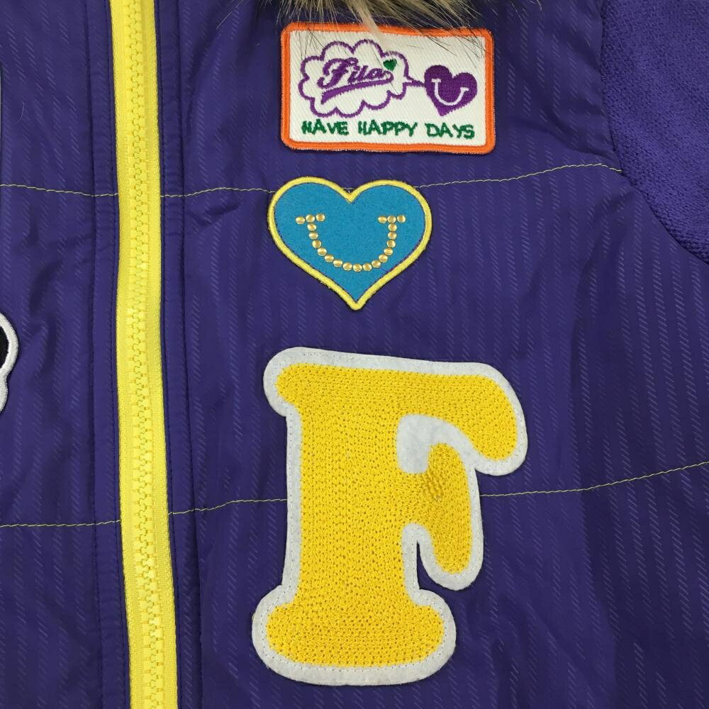 フィラゴルフ フード付き中綿ジャケット パープル×イエロー ストライプ柄 複数ワッペン 異素材 レディース M ゴルフウェア FILA GOLF