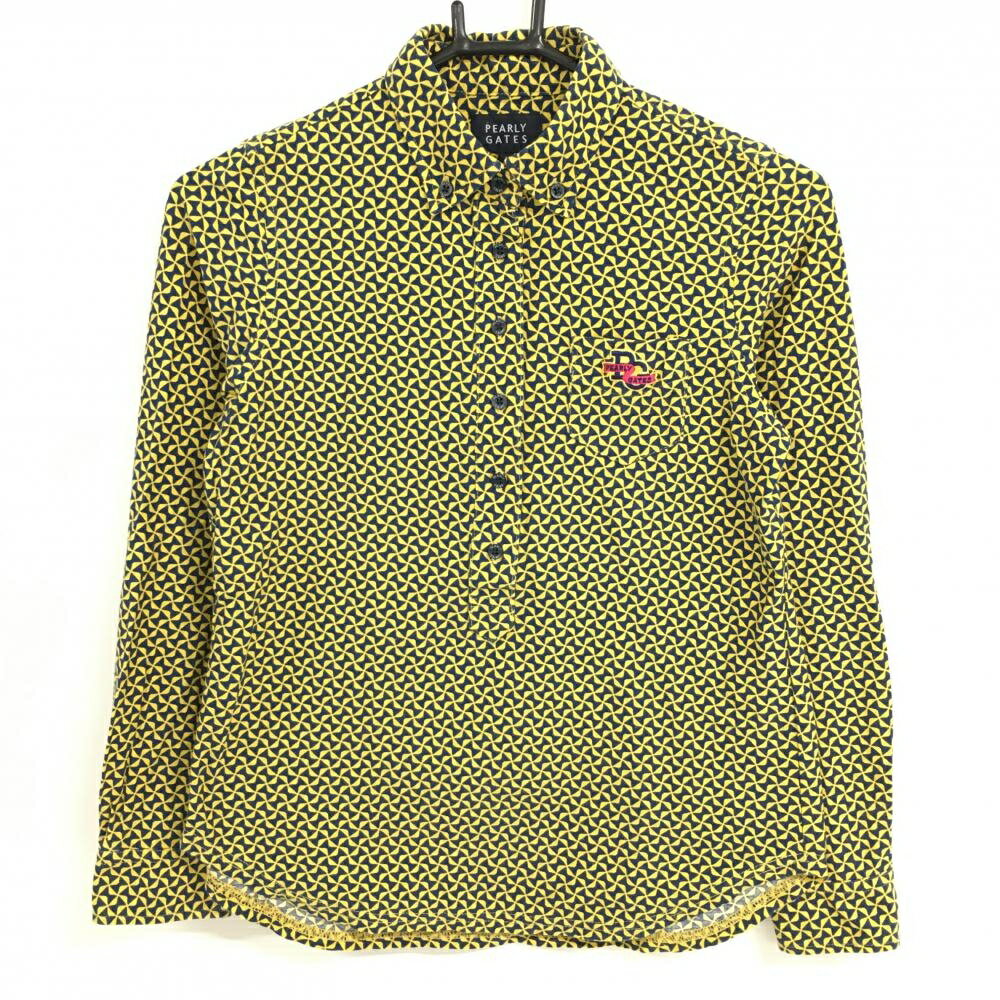 【超美品】パーリーゲイツ 長袖ポロシャツ イエロー×ネイビー リボン総柄 ボタンダウン レディース 0(S) ゴルフウェア PEARLY GATES