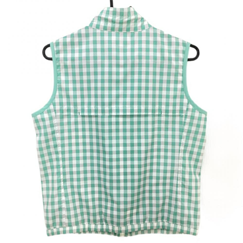 【美品】マリクレール アウターベスト ミントグリーン×白 チェック柄 総柄 ネックドローコード レディース M ゴルフウェア marie claire