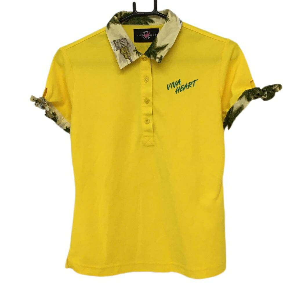 【超美品】ビバハート 半袖ポロシャツ イエロー×グリーン 襟袖口総柄 袖リボン レディース 40 ゴルフウ..
