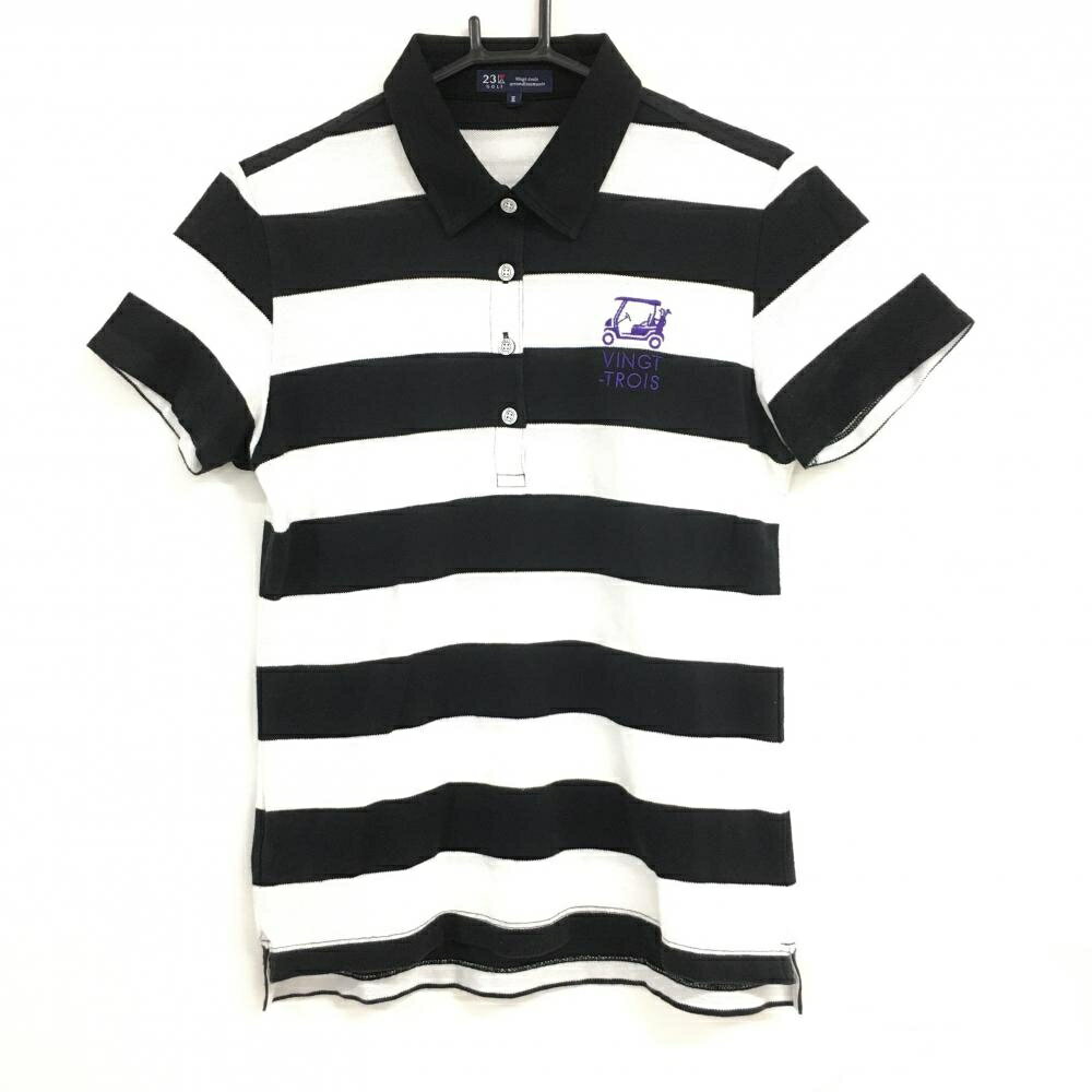 【当店ポイント5倍！6/4 20:00〜6/11 1:59まで】★特価★【美品】23区 半袖ポロシャツ 黒×白 太ボーダー 刺しゅう レディース II(L) ゴルフウェア 23区