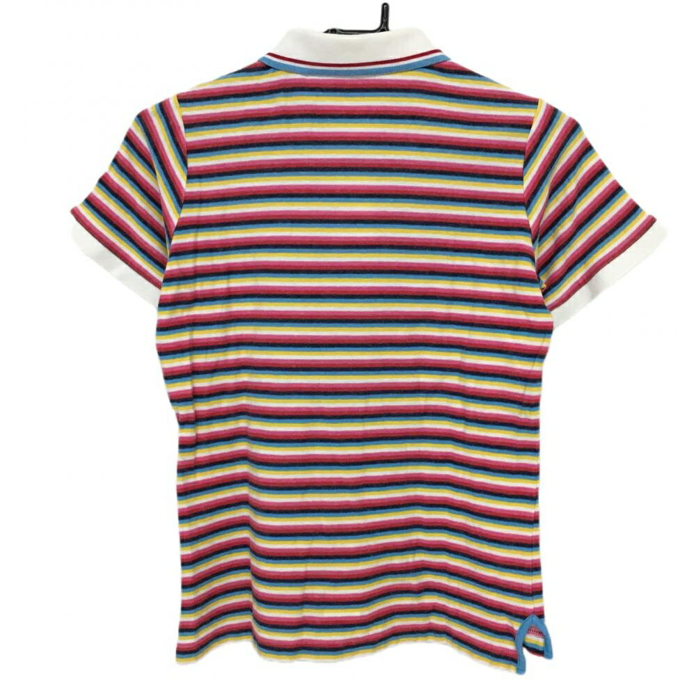 【美品】パラディーゾ 半袖ポロシャツ 白×マルチカラー ボーダー 総柄 ワッペン毛羽立ち小 レディース M ゴルフウェア Paradiso