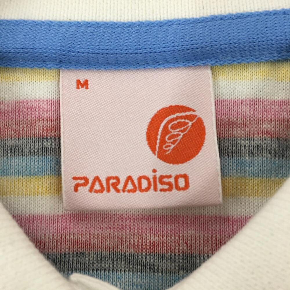 【美品】パラディーゾ 半袖ポロシャツ 白×マルチカラー ボーダー 総柄 ワッペン毛羽立ち小 レディース M ゴルフウェア Paradiso