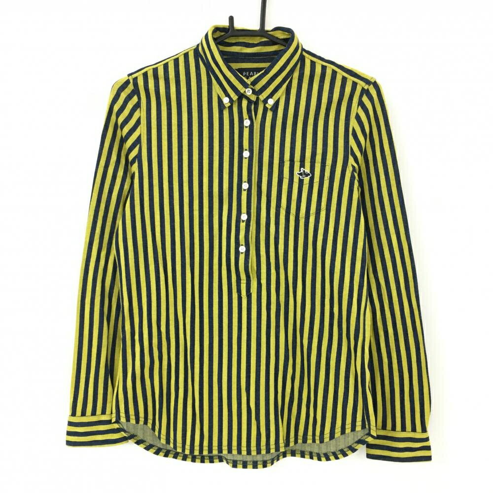 【美品】パーリーゲイツ 長袖ポロシャツ ネイビー×イエロー ストライプ ボタンダウン レディース 2(L) ゴルフウェア PEARLY GATES