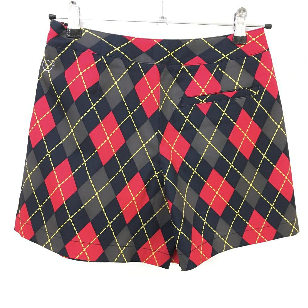 【美品】プーマ キュロットスカート 黒×レッド アーガイル柄 総柄 巻きスカート風 レディース S ゴルフウェア PUMA