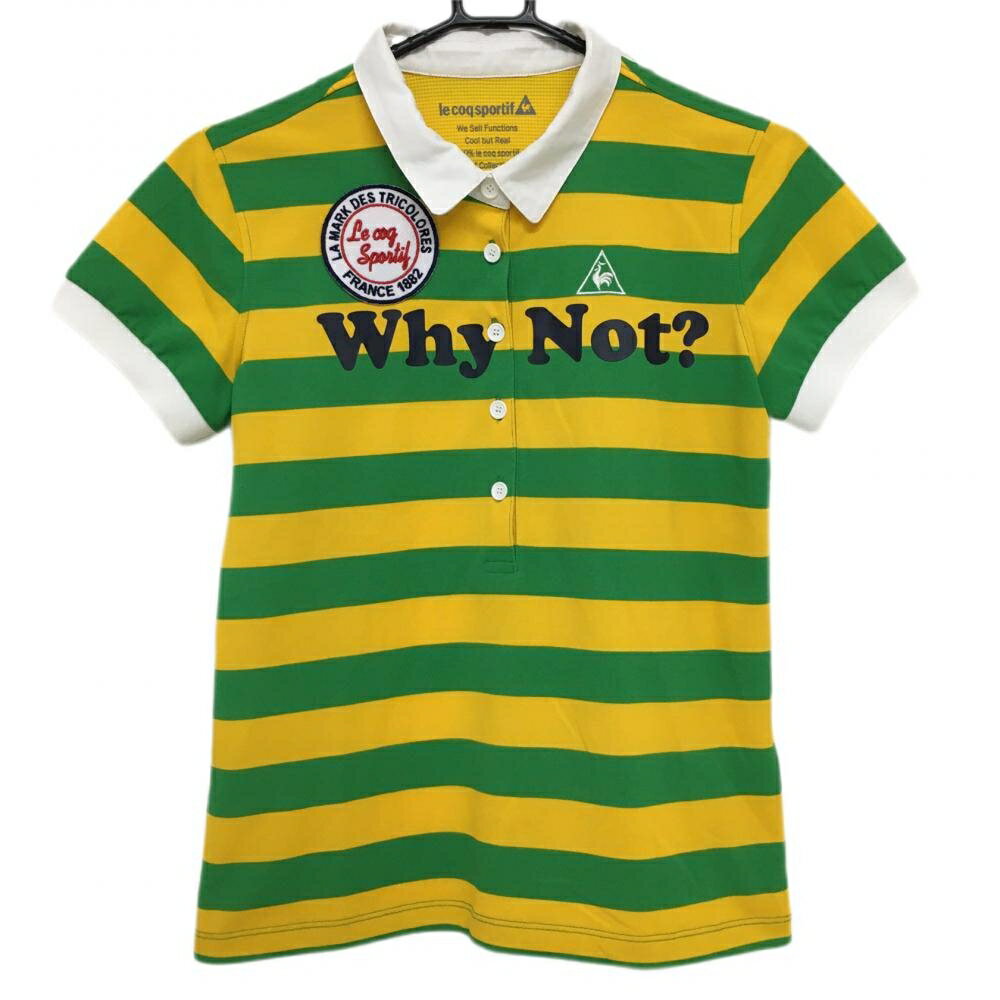 ★特価★【美品】ルコック 半袖ポロシャツ グリーン×イエロー ボーダー レディース L ゴルフウェア le coq sportif