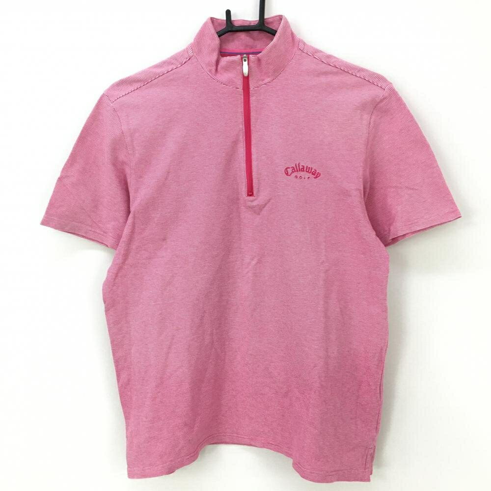 ★特価80%OFF★キャロウェイ 半袖ハイネックシャツ ピンク×白 ボーダー柄 ハーフジップ ロゴ刺しゅう DRYSPORT メンズ M ゴルフウェア Callaway