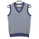 ★特価★【美品】マスターバニー ニットベスト ライトブルーヴ×白 総柄 Vネック レディース 1(M) ゴルフウェア MASTER BUNNY EDITION