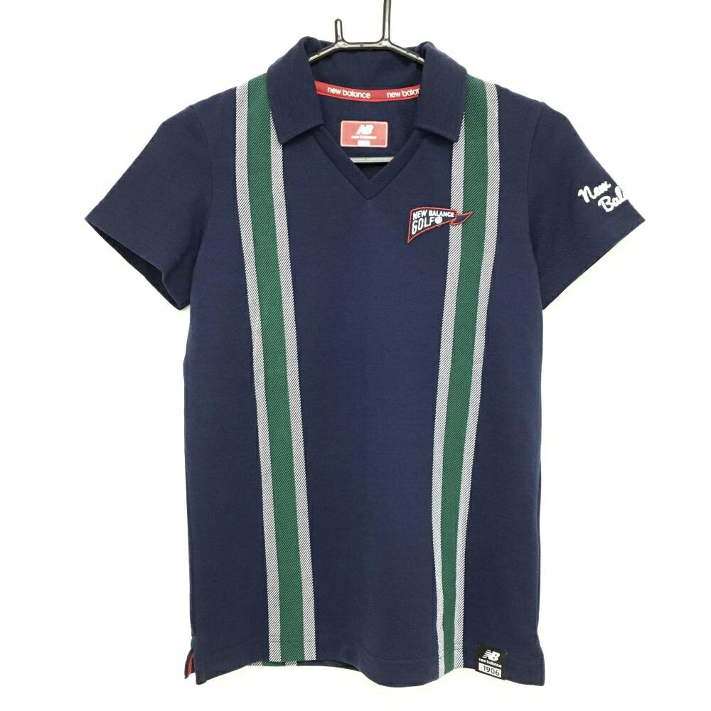 【超美品】ニューバランス 半袖スキッパーシャツ ネイビー×グリーン 一部ストライ...