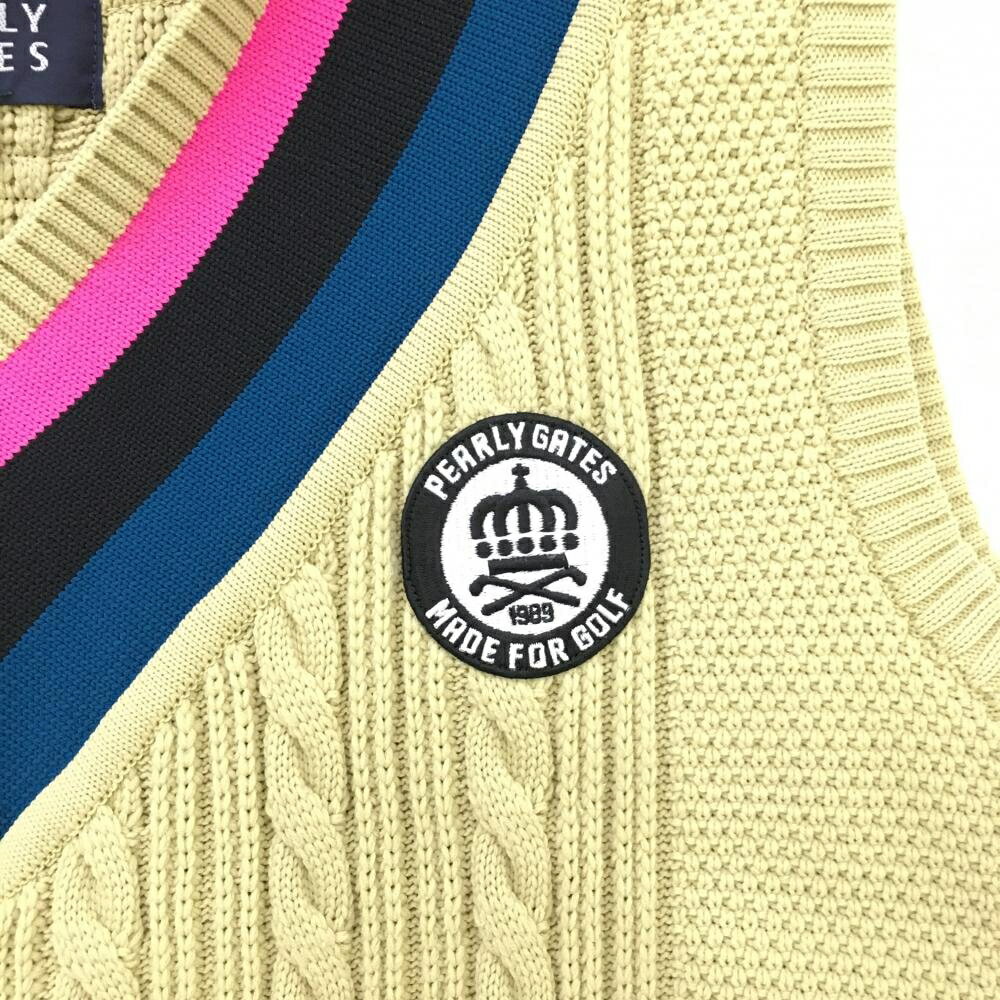 【超美品】パーリーゲイツ ニットベスト ベージュ×ピンク ケーブル編み Vネック レディース 2(L) ゴルフウェア PEARLY GATES