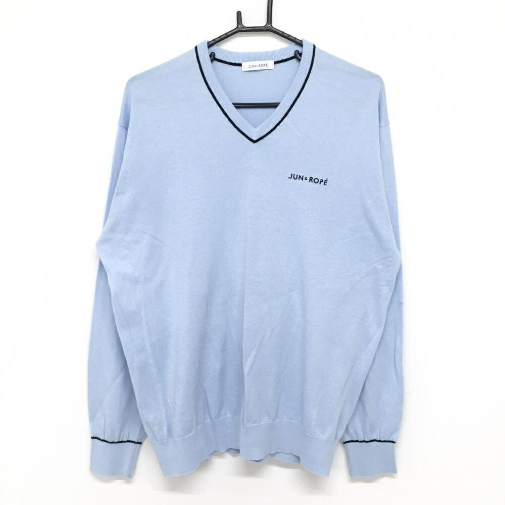 ★特価15%OFF★ジュンアンドロペ セーター ライトブルー×黒 Vネック コットン混 メンズ L ゴルフウェア JUN＆ROPE