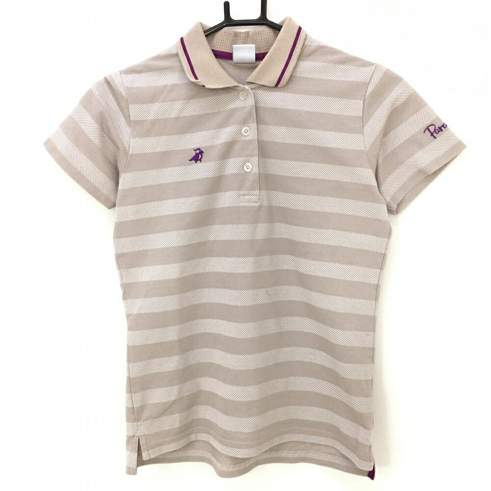 【美品】パラディーゾ 半袖ポロシャツ グレージュ系 ボーダー織生地 襟一部透かし編み レディース M ゴ..
