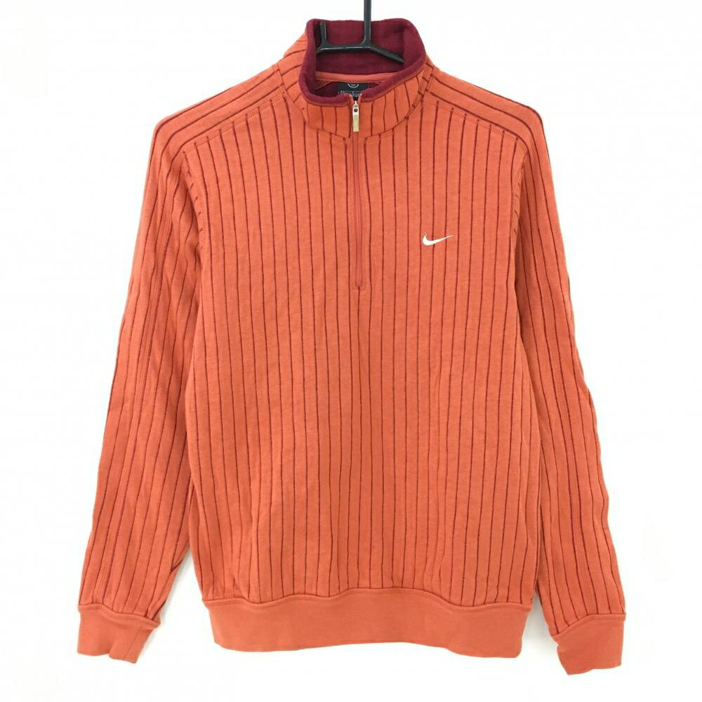 ★特価15%OFF★【美品】ナイキ ハイネックトレーナー オレンジ×ボルドー ストライプ ハーフジップ 起毛 スウェット メンズ S ゴルフウェア NIKE